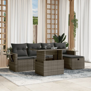 Set de muebles de jardín 6 pzas y cojines ratán sintético gris D