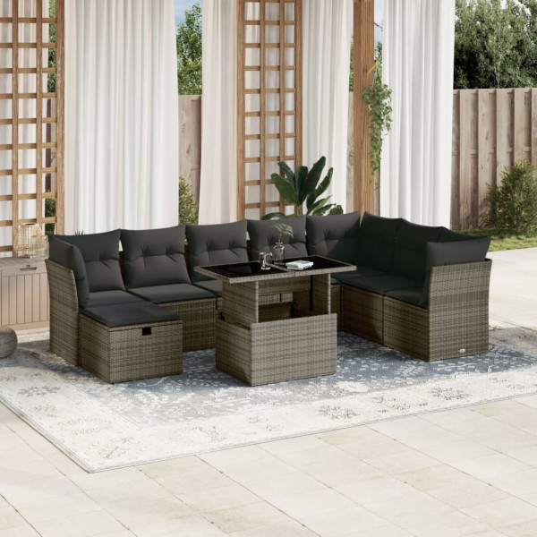 Set de muebles de jardín 9 pzas y cojines ratán sintético gris D