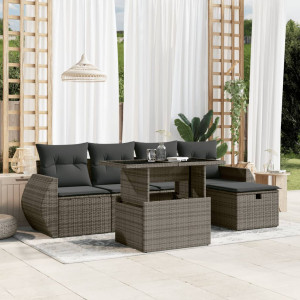 Set de muebles de jardín 6 pzas y cojines ratán sintético gris D