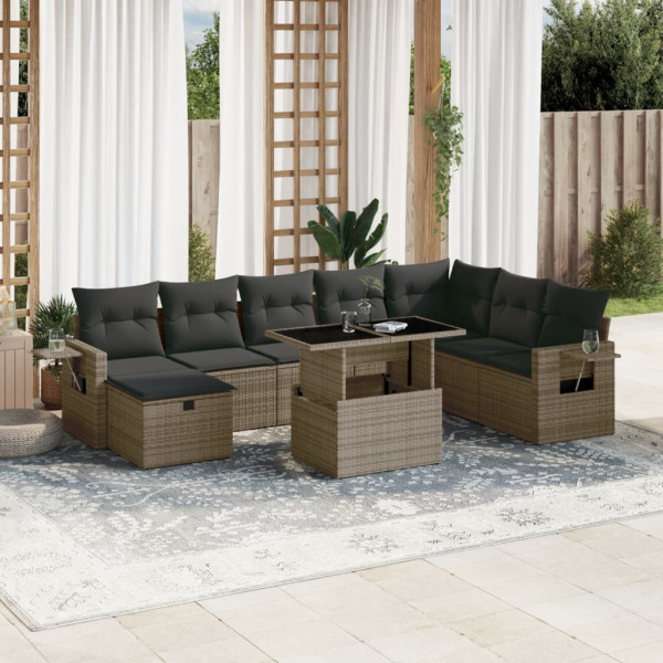 Set de muebles de jardín 9 pzas y cojines ratán sintético gris D