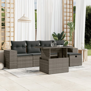 Set de muebles de jardín 6 pzas y cojines ratán sintético gris D