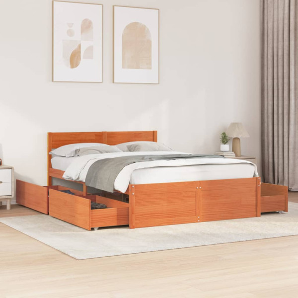 Estructura cama con cajones madera pino marrón cera 140x190 cm Estructura cama con cajones madera pino marrón cera 140x190 cm D