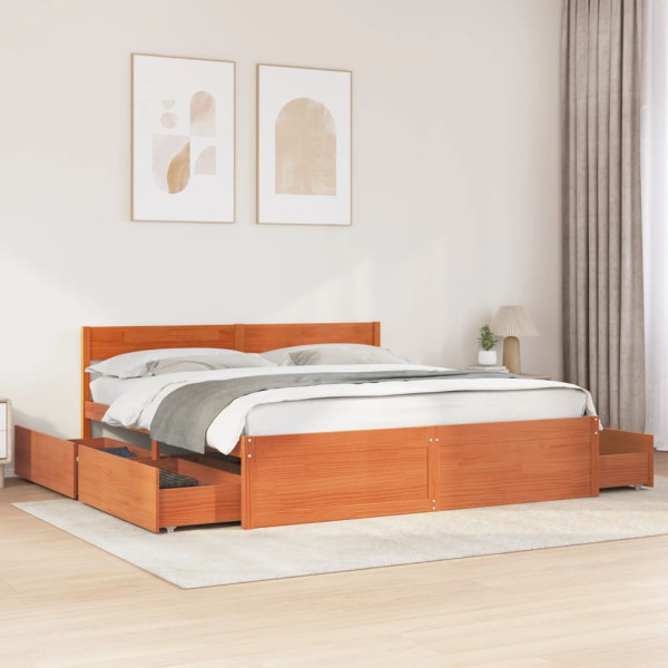 Estructura cama con cajones madera pino marrón cera 200x200 cm Estructura cama con cajones madera pino marrón cera 200x200 cm D