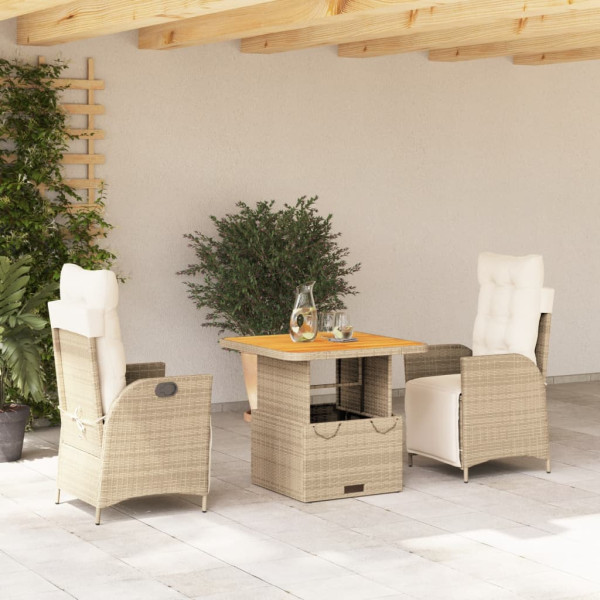 Set comedor de jardín 3 pzas con cojines ratán sintético beige D