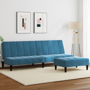 Sofá cama de 2 plazas con taburete terciopelo azul D