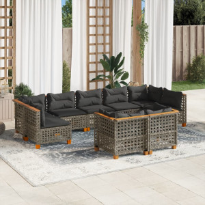 Set de muebles de jardín 9 pzas y cojines ratán sintético gris D