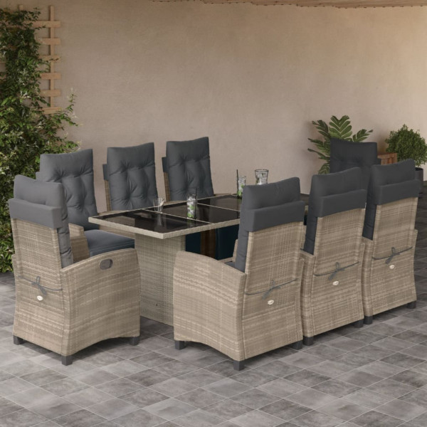 Set comedor de jardín 9 pzas cojines ratán sintético gris claro D