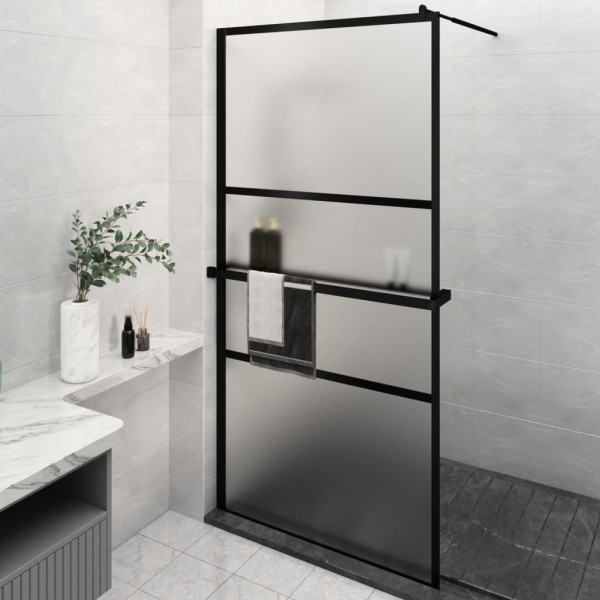 Mampara ducha con estante vidrio ESG y aluminio negro 115x195cm D