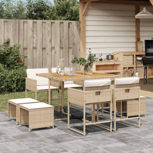 Set comedor de jardín 9 pzas con cojines ratán sintético beige D