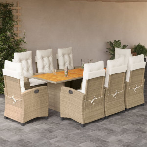 Set comedor de jardín 9 pzas con cojines ratán sintético beige D