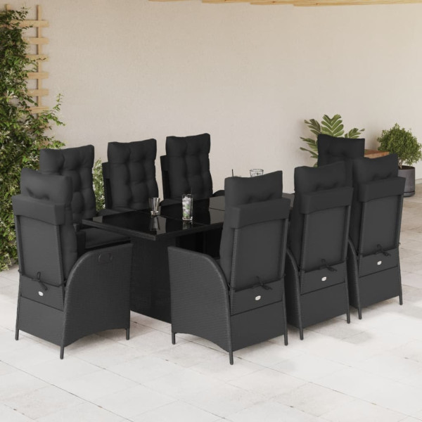 Set de comedor de jardín 9 pzas y cojines ratán sintético negro D