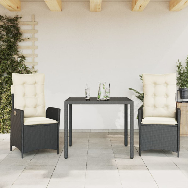 Set comedor de jardín 3 pzas con cojines ratán sintético negro D