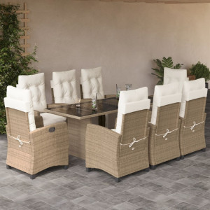 Set comedor de jardín 9 pzas con cojines ratán sintético beige D