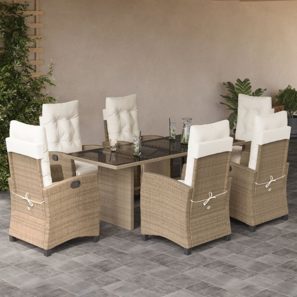 Set Jardim de jantar 7 pessoas com almofadas ratão sintético beige D