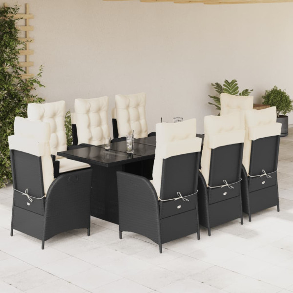 Set de comedor de jardín 9 pzas y cojines ratán sintético negro D