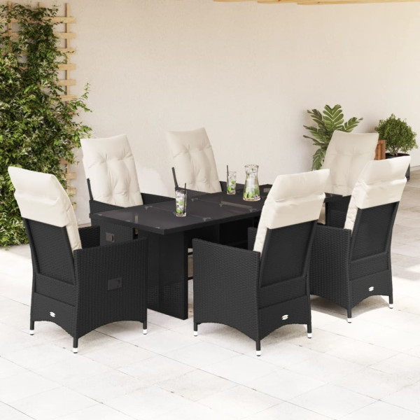 Set de comedor de jardín 7 pzas y cojines ratán sintético negro D