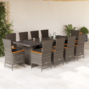 Set de comedor de jardín 11 pzas y cojines ratán sintético gris D