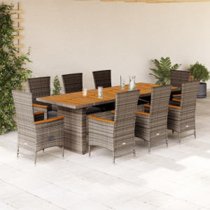 Set comedor jardín 9 pzas y cojines ratán sintético gris D