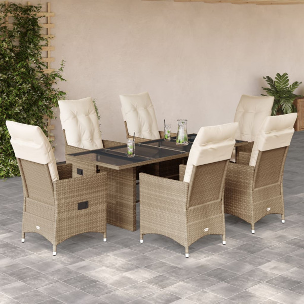 Set comedor de jardín 7 pzas con cojines ratán sintético beige D