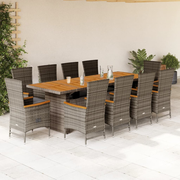 Set de comedor de jardín 11 pzas y cojines ratán sintético gris D