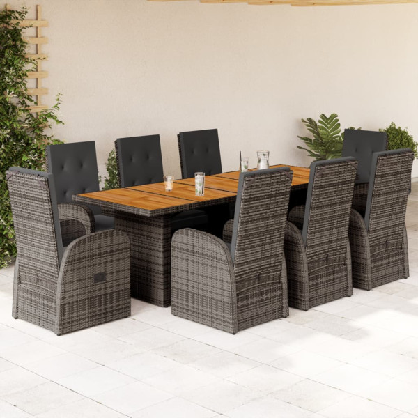 Set comedor jardín 9 pzas y cojines ratán sintético gris D