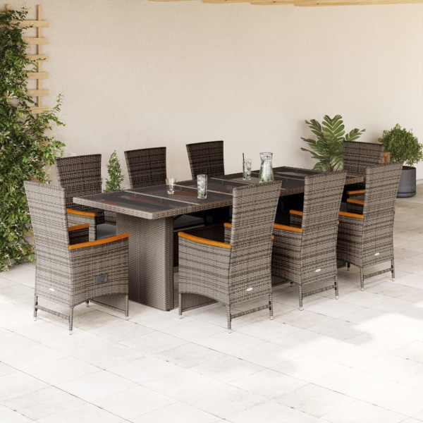 Set comedor jardín 9 pzas y cojines ratán sintético gris D