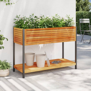 Jardinera con estante madera maciza acacia y acero 110x45x80 cm D