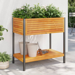 Jardinera con estante madera maciza acacia y acero 80x45x80 cm D