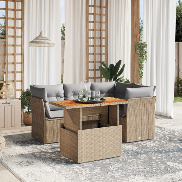 Sofá de jardim com almofadas 5 pcs bege sintético rattan D