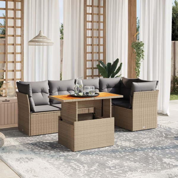 Sofá de jardim com almofadas 5 pcs bege sintético rattan D