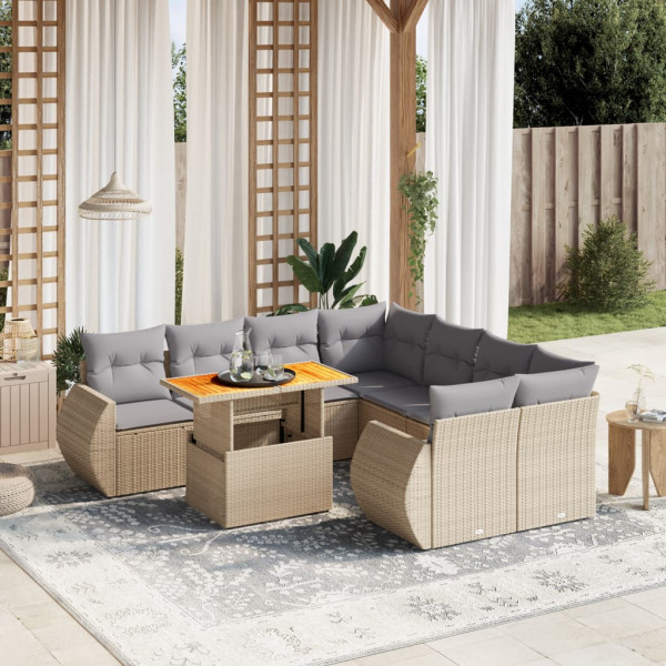 Set de sofás de jardín 9 pzas con cojines ratán sintético beige D