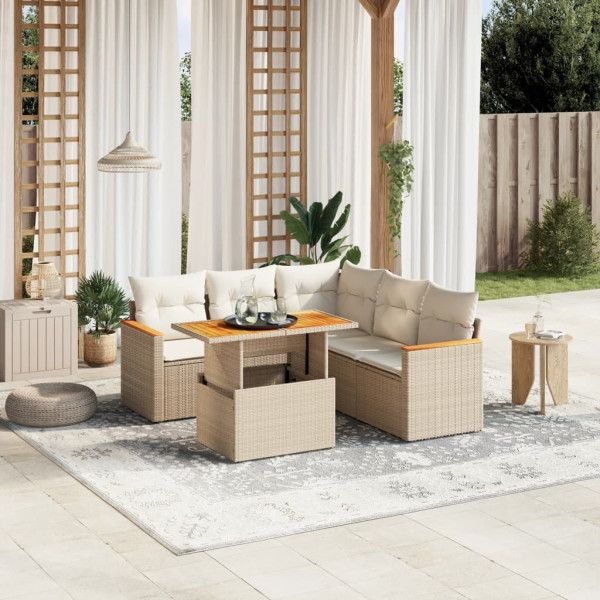 Sofá de jardim com almofadas 6 pcs bege sintético rattan D