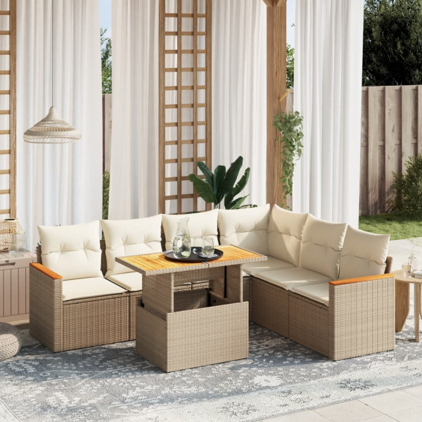 Set sofás de jardín 7 piezas y cojines ratán sintético beige D