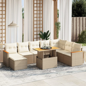 Set de sofás de jardín 9 pzas con cojines ratán sintético beige D