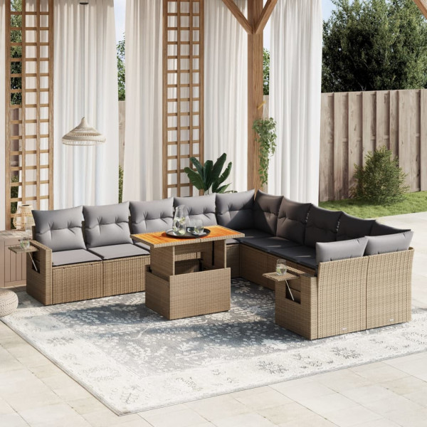 Set de sofás de jardín 11pzas con cojines ratán sintético beige D