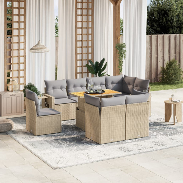 Sofá de jardim conjunto 9 pcs com almofadas de rattan sintético bege D