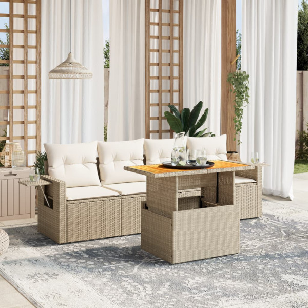 Sofá de jardim com almofadas 5 pcs bege sintético rattan D