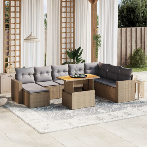 Set de sofás de jardín 9 pzas con cojines ratán sintético beige D