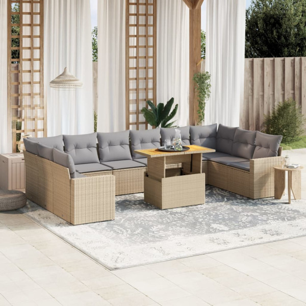 Set de sofás de jardín 11pzas con cojines ratán sintético beige D