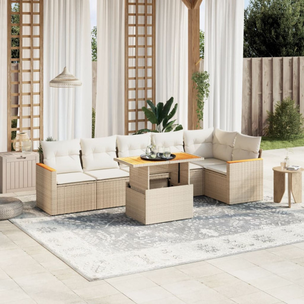 Set sofás de jardín 7 piezas y cojines ratán sintético beige D