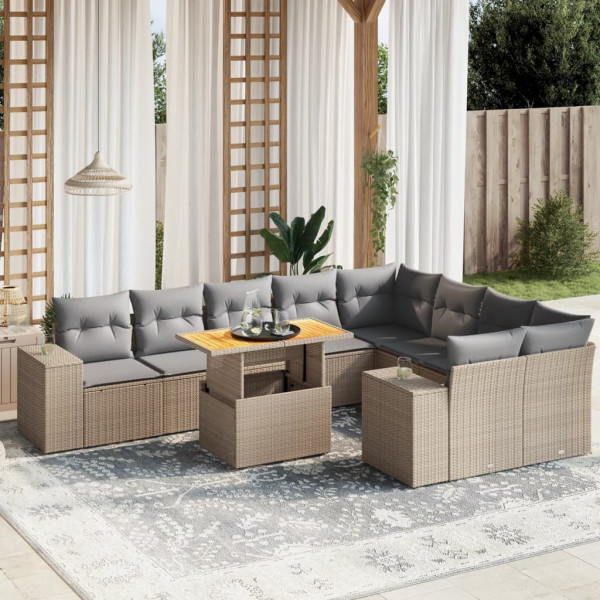 Conjunto de sofá de jardim com almofadas bege 10 peças de rattan sintético D