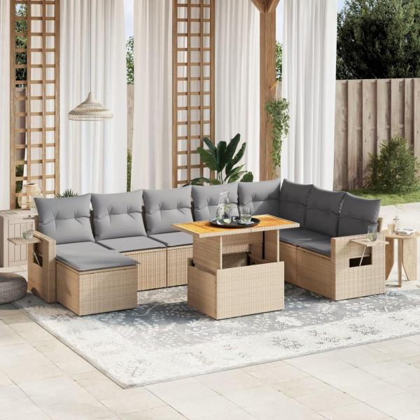 Set de sofás de jardín 9 pzas con cojines ratán sintético beige D