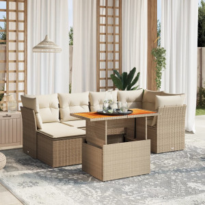 Set sofás de jardín 7 piezas y cojines ratán sintético beige D