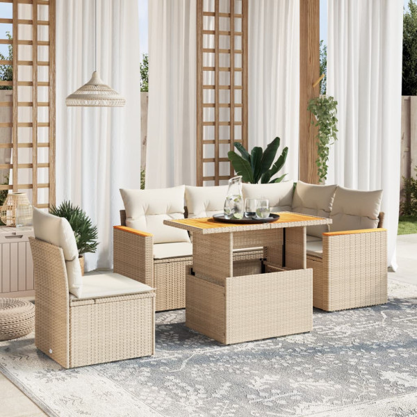 Sofá de jardim com almofadas 6 pcs bege sintético rattan D