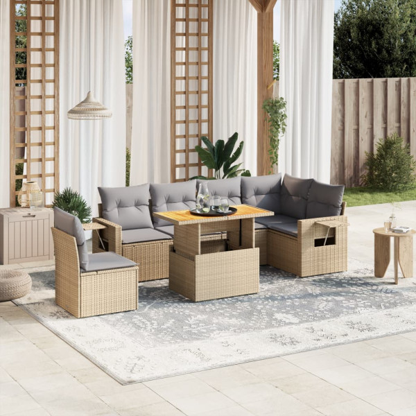 Set sofás de jardín 7 piezas y cojines ratán sintético beige D