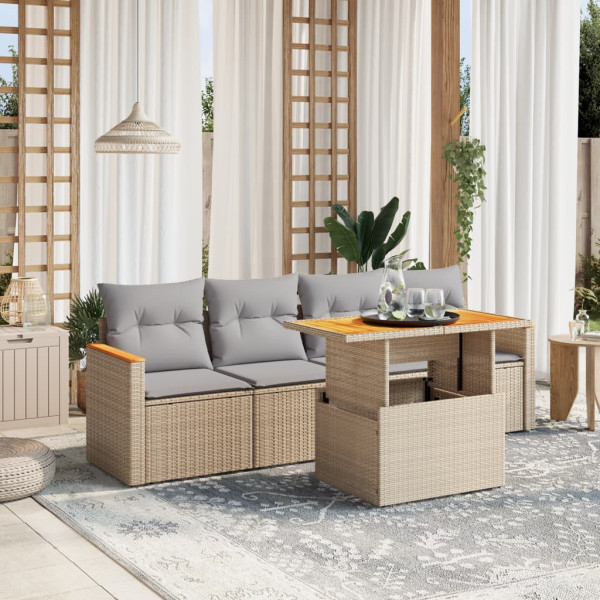 Sofá de jardim com almofadas 5 pcs bege sintético rattan D