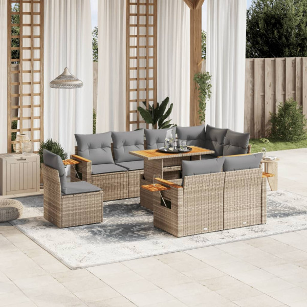 Sofá de jardim conjunto 9 pcs com almofadas de rattan sintético bege D