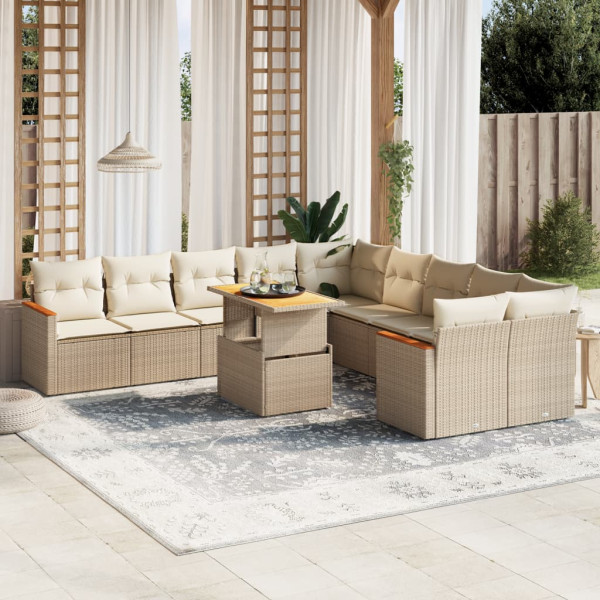 Sofá de jardim de 11 pz com almofadas de rattan sintético bege D