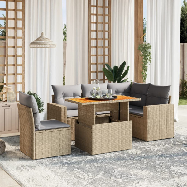 Sofá de jardim com almofadas 6 pcs bege sintético rattan D