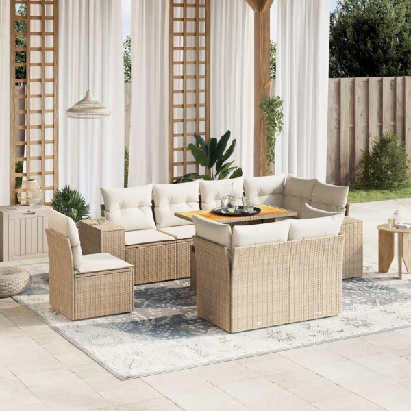 Sofá de jardim conjunto 9 pcs com almofadas de rattan sintético bege D